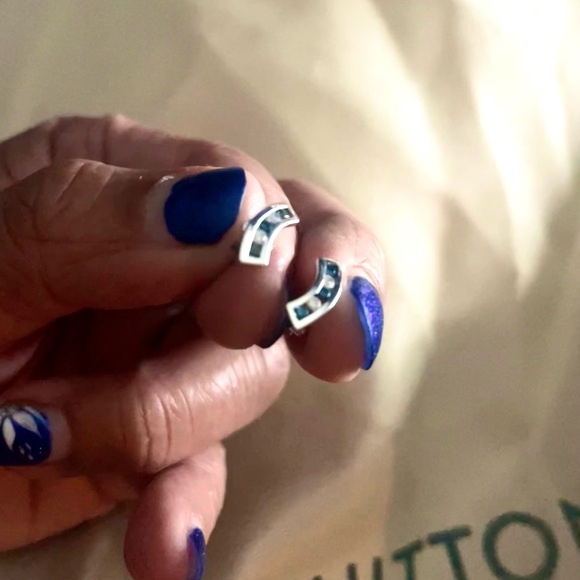 14k blue and white diamonds earrings - Picture 2 of 7